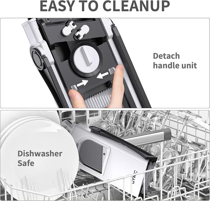 QYKIC Safe Mandoline Slicer Pro for Kitchen, Adjustable Chopper 6 in 1 | Potato Slicer Onion Chopper Fry Cutter Julienne Dicer Large Chute Stainless Steel Blades Detachable Dishwasher Safe Gifts
