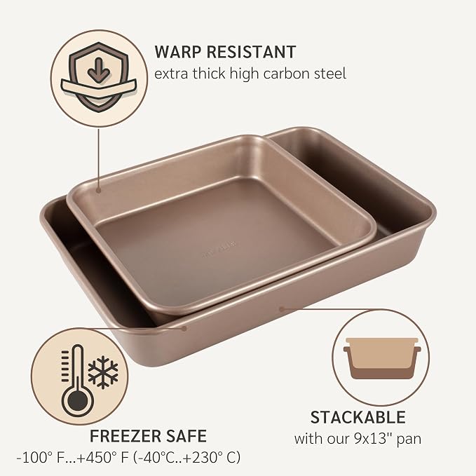 9 x 9 inch Square Baking Pan Nonstick, PFOA & BPA Free | | Non-Toxic - High Carbon Steel - Gold - Cake & Brownie Mold