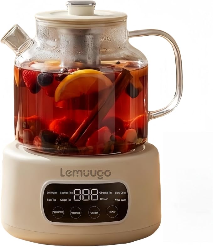 Lemuugo 1.2L Glass Tea Kettle with Infuser, Temp Control, 24H Timer | 1 liter electric tea kettle with infuser, temperature control kettle allglass, 24H preset timer for loose leaf tea.