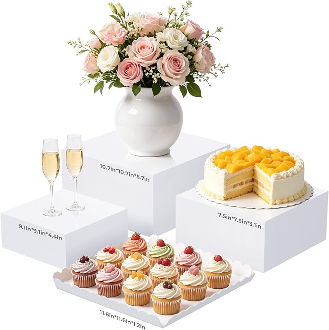 Acrylic Buffet Risers, 4 PCS White Large Food Display Stands for Party Table, Display Risers Cube Box with Hollow Bottom for Dessert Catering Party Supply, Square Scalloped Acrylic Serving Tray for Cupcake