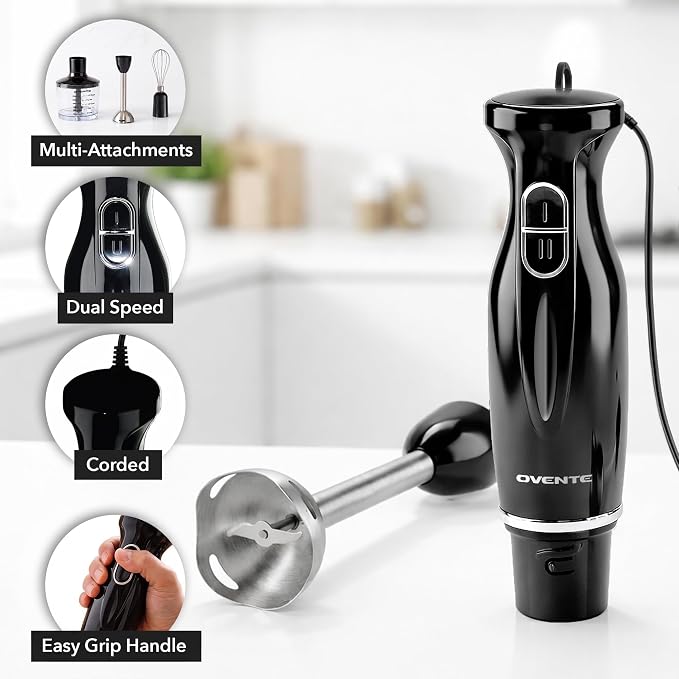 OVENTE Electric Hand Blender Set with 2 Mixing Speeds, 300W Black HS565B | Corded Immersion Handheld Stick Mixer with Stainless Steel Blades, Egg Whisk, Beaker & BPA-Free Food Chopper