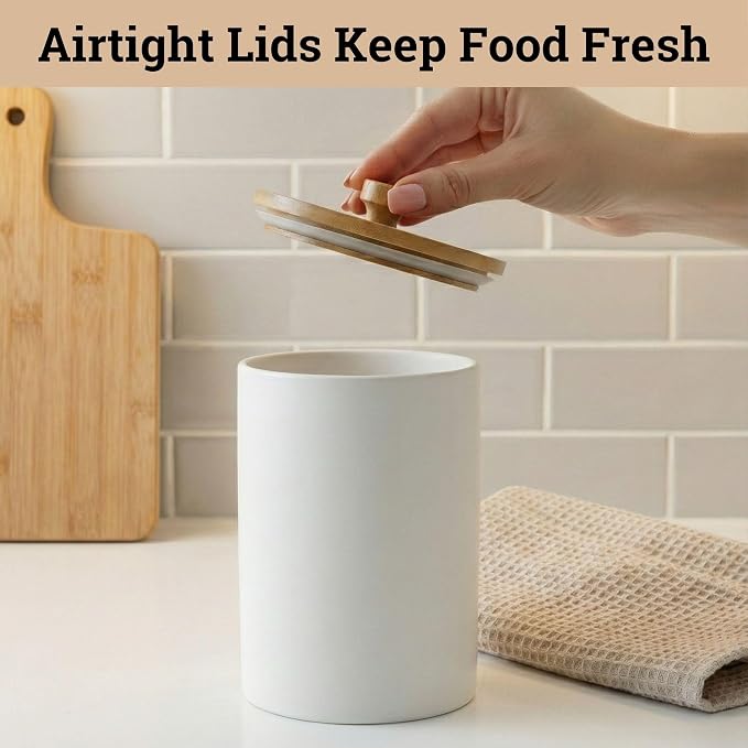 Ceramic Kitchen Canisters for Countertop Set of 3 w/ Airtight Bamboo Lids | Thick Sturdy Ceramic, Matte Finish, Airtight Easy Open Bamboo Lids, Comfortable Bamboo Handles, Jar Volumes: 2, 1, 0.5 quarts