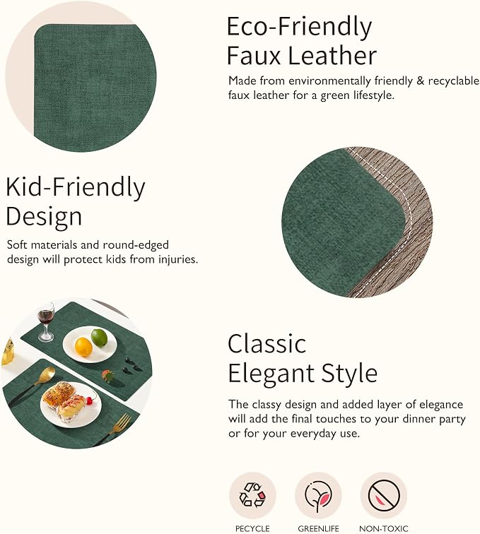 Maxpearl Faux Leather Placemats Set of 4, Easy to Clean, Dark Green | Waterproof - Heat Resistant - Non Slip - Wipe Clean Dining Table Place Mats, Suitable for Indoor & Outdoor Use, 17''×12''
