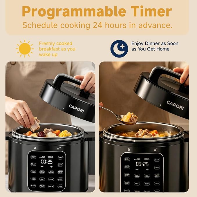 CARORI 6 Qt Electric Pressure Cooker, 9-in-1 Multi-Cooker with 12 One-Touch Presets, IMD Touchscreen, Stainless Steel Inner Pot, 24H Delay Timer, 1000W Compact Pressure Cooker, Black
