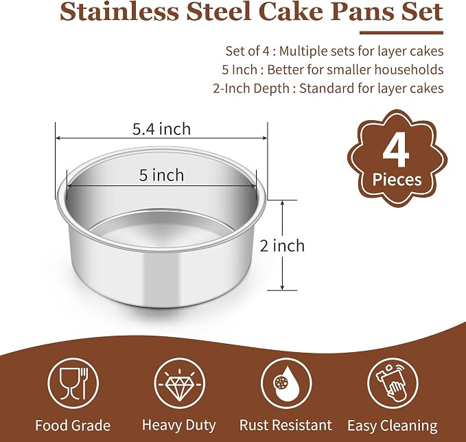 TeamFar 5 Inch Cake Pan Set of 4, Stainless Steel Small Layer Cake Pans Tin | Round Bakeware for Birthday Wedding Party, Non-Toxic & Healthy, Mirror Finish & Dishwasher Safe
