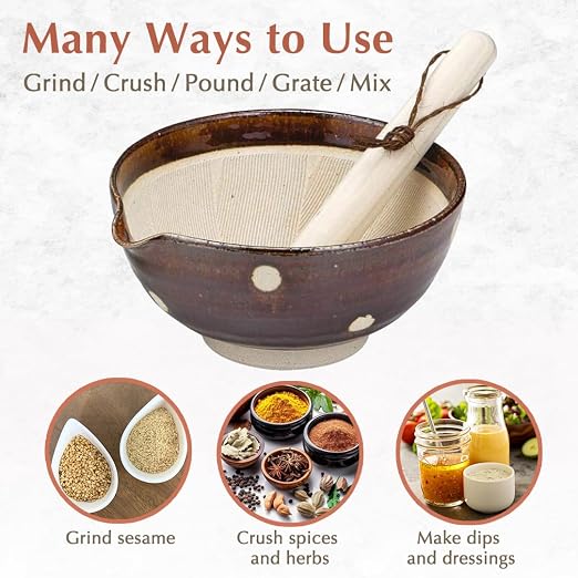 Japanese Ceramic Ripple Ridge Mortar & Pestle Suribachi Bowl and Surikogi Set with Spout 7.1 inches Made in Japan (Brown)