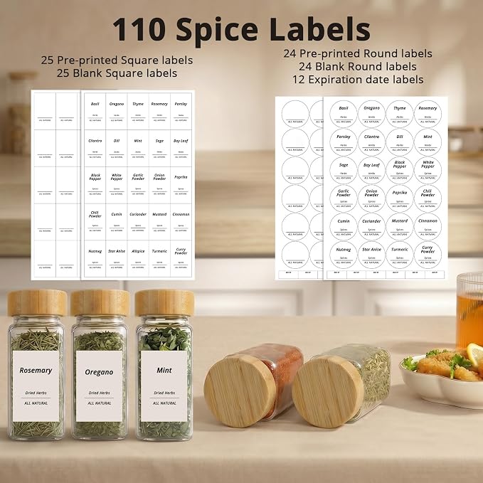 SHOWIN Spice Jars with Label, 4oz Spice Containers with Bamboo Lids 12pcs, Glass Spice Jars with Lids, Square Seasoning Containers for Rack, Cabinet, Drawer, Home Kitchen Seasoning Organizer