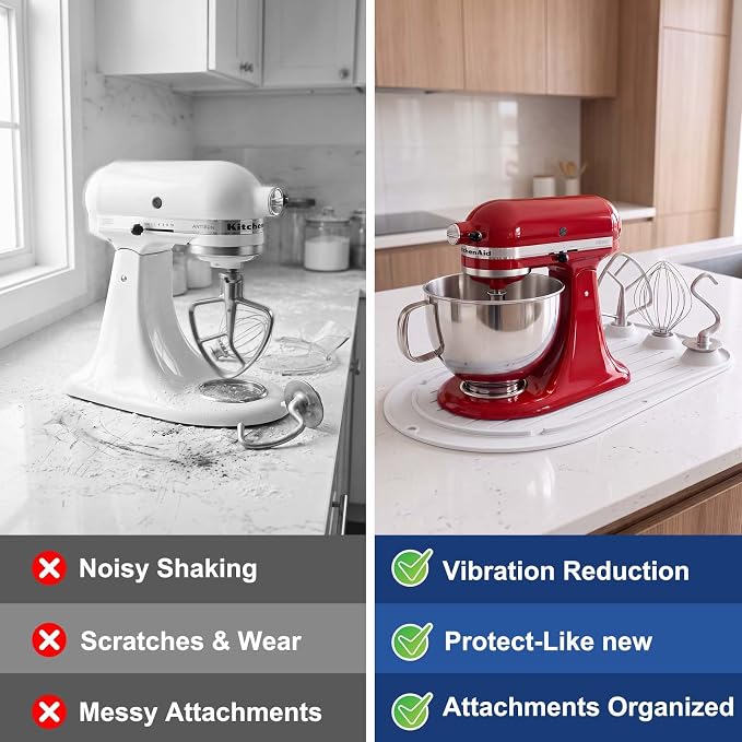 Upgraded Mixer Slider Mat for KitchenAid 4.5-5 Qt Tilt-Head Stand Mixer | Silicone Countertop Mover with 3 Attachment Storage Slots, Non-Slip Mixer Pad Organizer for Dough Hook Whisk Flat Beater