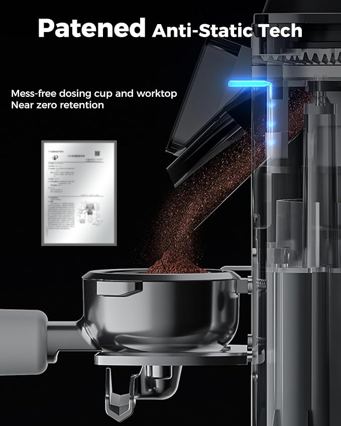 Tuni G1 Conical Burr Coffee Grinder with 48 Grind Settings, Silver | Anti-static Burr Espresso Mill, Electronic Timer and LED Touchscreen for Drip/Cold Brew/French Press, Stainless Steel
