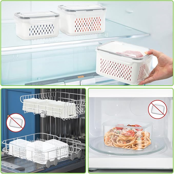 4Pack Fruit Storage Container for Fridge with Removable Colander and Vent | 8 Pieces BPA Free Kitchen Refrigerator Organizers Plastic Fruit Containers for Fridge for Fruit Berry Salad Lettuce