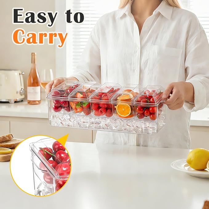 ARSTPEOE Condiment Tray, Chilled Condiment Server, Bar Accessories on Ice | Condiment Caddy for Home, Party and Celebration, Bar Accessories with Removable Trays and Lids (5 Spoons & 2 Tongs)