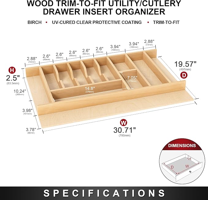 Clikuutory Natural Birch Wood Utensil Drawer Insert Organizer with 12 Compartments, Space-Saving Sturdy Drop-In Cutlery Divider Tray, Kitchen Cabinet Storage for Silverware, Spoons, Forks and Knives