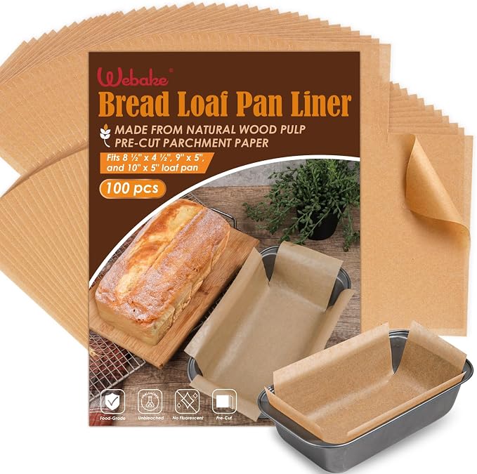 Webake Unbleached Parchment Paper Loaf Pan Liners for Baking Bread 9x5, 1lb 1.5lb 2lb, Original Precut, Non Toxic 100 Pcs Baking Paper