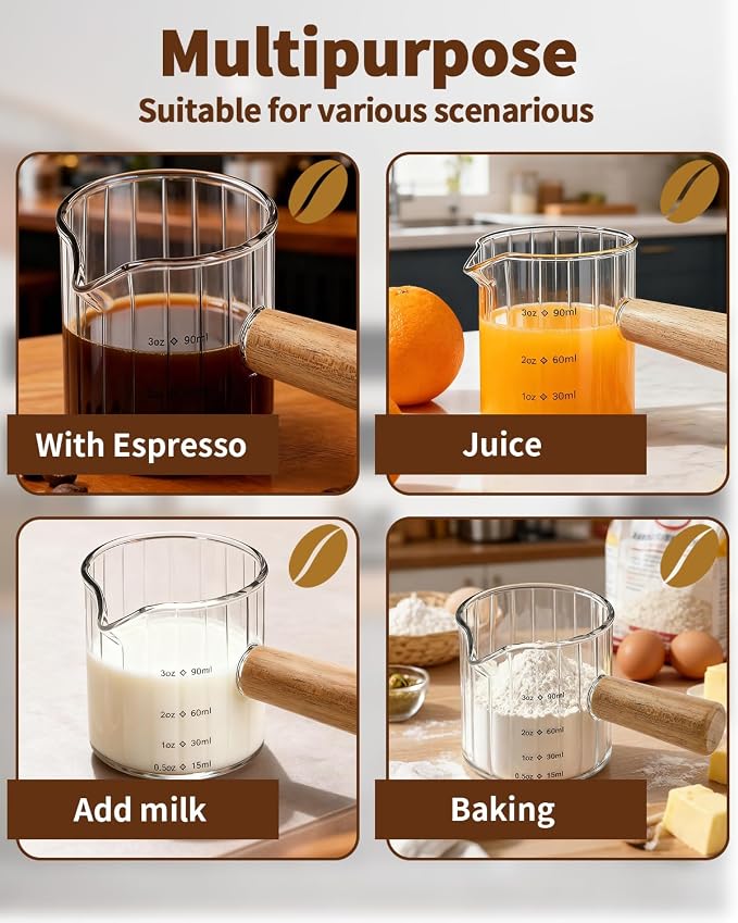 Espresso Measuring Cup 3 Oz, Espresso Glass Cups with Wood Handle, Milk Frothing Cup, Espresso Cup for Coffee, Milk, Tea or Maple Syrup Serving