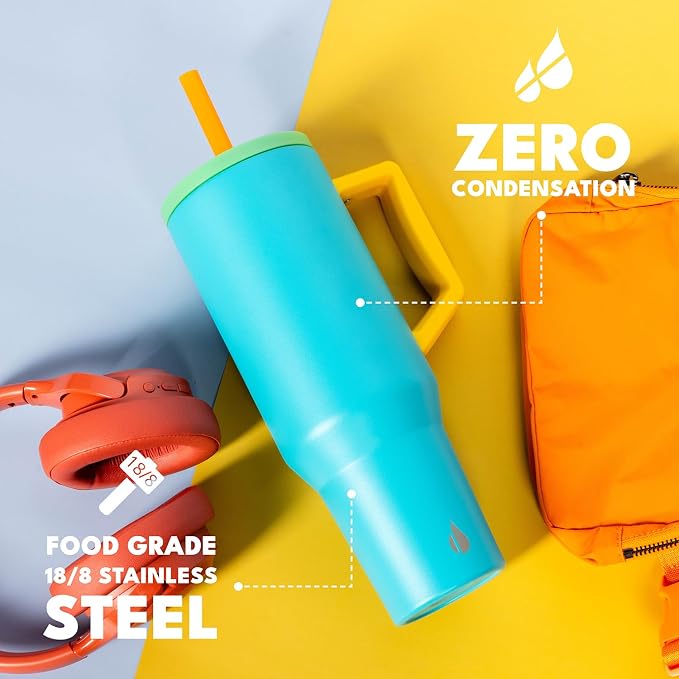 Elemental Spill Proof 40oz Insulated Tumbler with Handle & Straw Travel Mug | Stainless Steel Commuter Travel Coffee Mug for Cold Beverages, Includes 2 Straws & a Spill Proof Lid for Everyday Use