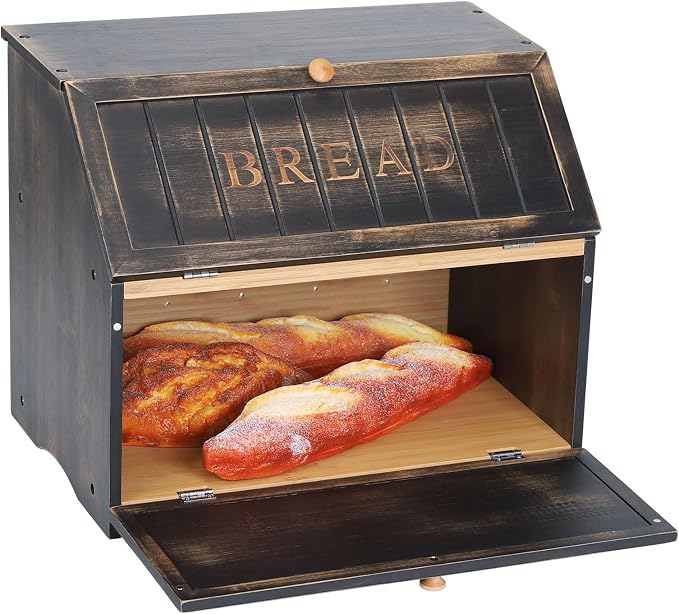 HOMEKOKO Vintage Double Layer Large Bread Box, Wood Bread Storage Bin,Black | Keeps Bread Fresh 3-4 Days, 2-Tier Capacity Fits 2+ Loaves,Suitable For Farmhouse/Rustic Kitchens Use, Retro Design