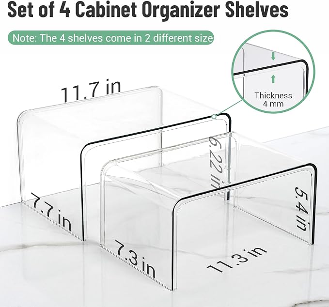 Bobomoment Clear Cabinet Organizer, Stackable Shelf Organizer Set of 4 | Kitchen Pantry Organizers and Storage, Display Cabinet Shelf Countertop Desk Shelves, Patented Spice Organization