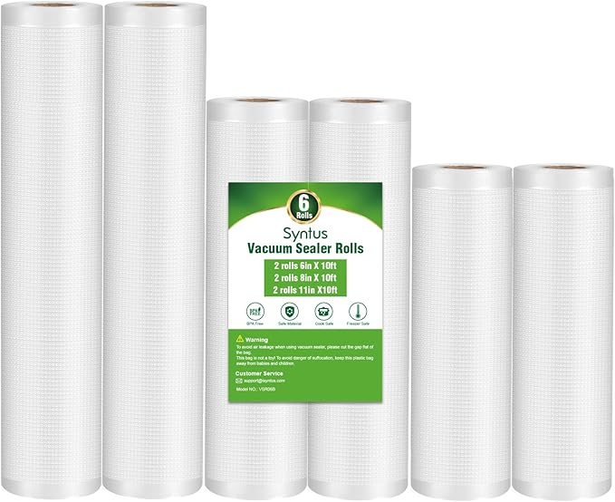 Syntus Vacuum Sealer Bag for Food, 6 Rolls 11"x10' and 8"x10' and 6"x10' | 6 Pack, BPA Free, Custom Size, Heave-duty, Durable, Sous Vide Cooking Freezer Microwave Safe, Works with All Vacuum Sealers