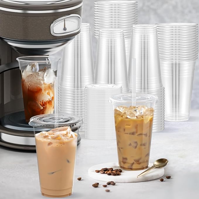Dealusy 100 Pack - 20 oz Clear Plastic Cups with Lids and Straws | Sturdy & Food Safe Iced Coffee Cups with lids, Disposable Plastic Smoothie Cups for Cold Drinks
