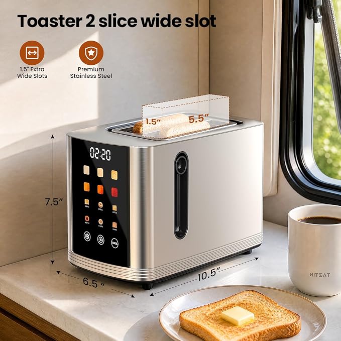 2 Slice Touchscreen Toaster Stainless Steel Smart Digital Toaster | 1.5" Extra Wide Slot Toaster, 6 Bread Types & 6 Browning Settings, LED Countdown, Reheat Defrost Cancel, for Home Dorm RV
