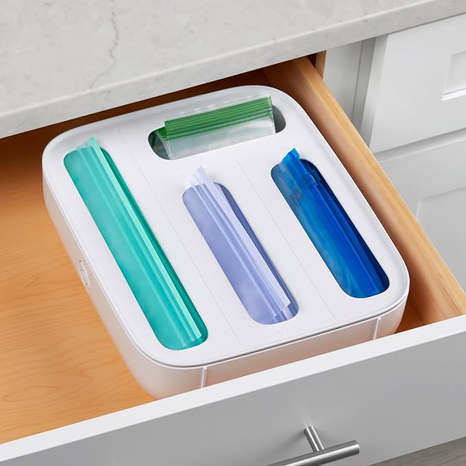 YouCopia StoraBag Drawer Food Bags Dispenser, 4-Slot, Plastic Sandwich Bag Organizer for Kitchen Storage, White