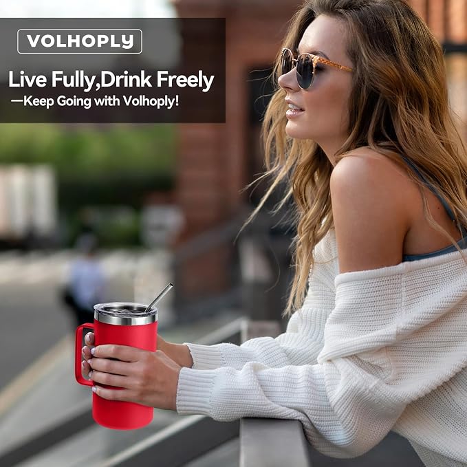 Volhoply 22oz Insulated Stainless Steel Coffee Mugs with Leakproof Lid Bulk 2 Pack,Double Wall Vacuum Travel Coffee Cup with Handle,Reusable Metal Tumbler,Camping Mug Keep Hot&Cold(Mix,2)