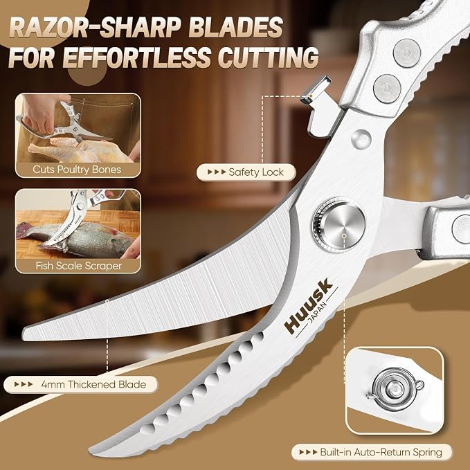 Huusk Poultry Shears Heavy Duty – All Purpose Japanese Kitchen Scissors | SK5 Steel Kitchen Shears for Meat, Fish, Vegetables, Chicken Bones, Turkey, Ergonomic Non-Slip Silver Handle, Gifts for Women