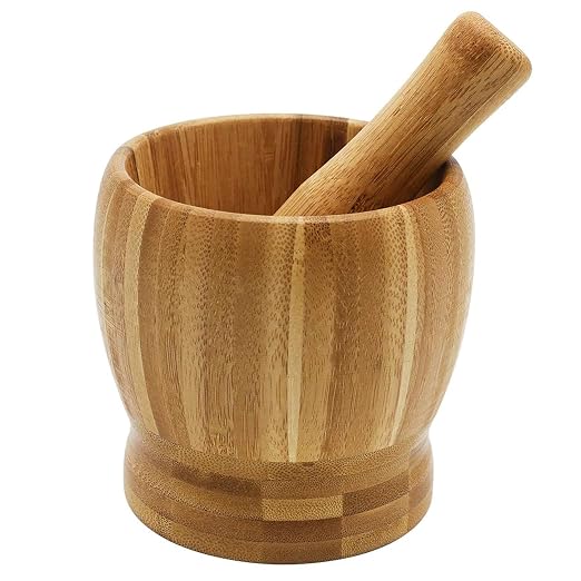Wooden Pestle and Mortar Bamboo Bowl Set Guacamole Bowl Shell Garlic Pepper Press Mincer Grinder Chopper Crusher Molcajete Mixer for Guacamole,Herbs,Spices,Garlic,Medicine Pills,Seeds - Large