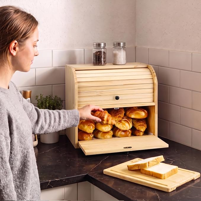 Alpeir Roll Top Bread Box with Cutting Board for Kitchen Countertop | Large Breadbox with Ventilation Holes, Double Layer Pantry Shelf, Wooden Homemade Bread Storage Container, Vintage Farmhouse