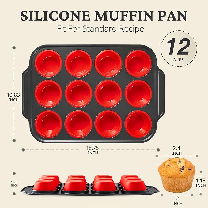 BRONYPRO Silicone Muffin Pans for Baking with Metal Frame, Egg Bite Molds, Cupcake Pans 12 Regular Size, Muffin Tins Easy to Pop Nonstick Non Toxic Bakeware for Oven, Red