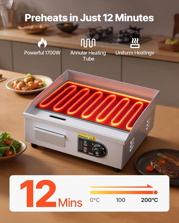 VEVOR Commercial Electric Griddle, 18", Countertop Flat Top Griddle, Stainless Steel Teppanyaki Grill w/Iron Cooking Plate, 122-572℉ Adjustable Temp Control, 2 Shovels & Brushes