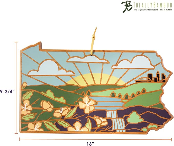 Totally Bamboo Pennsylvania State Shaped Cutting Board, Summer Stokes Art | State charcuterie board with colorful hand-drawn landscape art. Smooth reverse side for food prep. Hang tie for wall display.