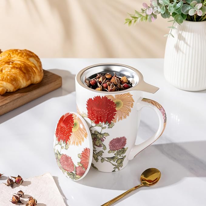 AmorArc Tea Cup With Infuser and Lid, 18oz Loose Leaf Tea Mug With Steeper | Porcelain Tea Mug With Infuser and Lid, Strainer Tea Cup for Tea Lovers, Home & Office, Housewarming Birthday Gift