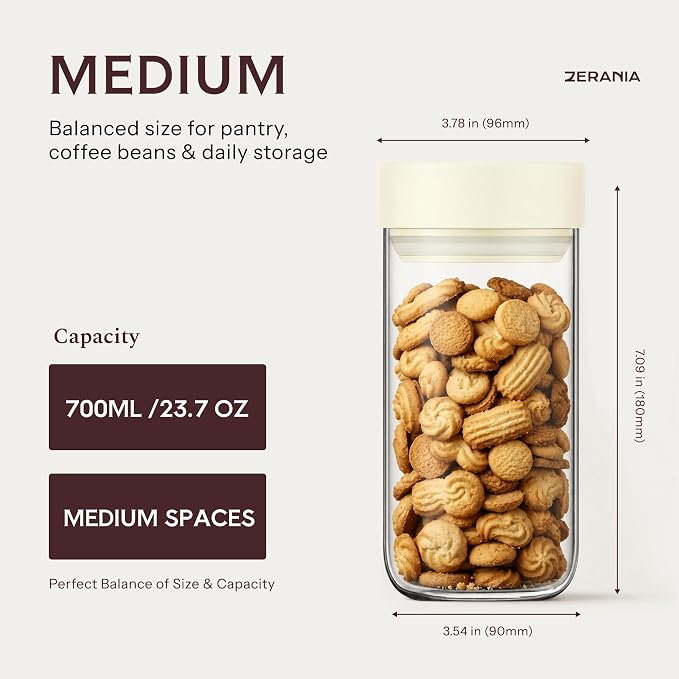 23 oz Airtight Glass Coffee Canister with Twist-Seal Lid | Wide-Mouth Food Storage Jar for Beans, Grounds, Oats, Candy, Snacks and Meal Prep and Dry Food