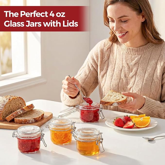 Small Glass Containers with Airtight Lids 4 oz 6 Pack Mini Jam Jars | Small Size, Labels Included, Jam Jelly Honey Jar, Wedding Favors,Handmade Candles,Diy Crafting,Leak Proof,BPA-Free