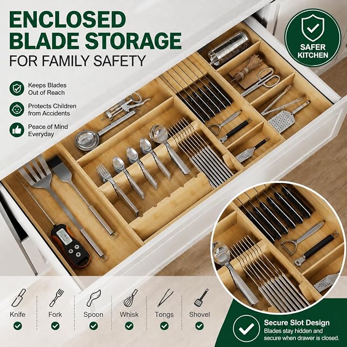 Bamboo Expandable Kitchen Drawer Organizer, 17.7-29.5 in,Natural | 5-8 detachable slots, equipped with dedicated tool slots for butter knives, storing tableware and saving space