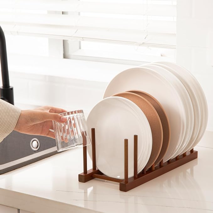 HBlife Teak Dish Plate Bowl Cup Book Pot Lid Cutting Board Drying Rack Stand Drainer Storage Holder Organizer Kitchen Cabinet（Keep Dry） | 8 Slots, Vertical Dish Racks for Cabinet Countertop & Wall, Plate Pot Lid Cutting Board Holder, Bowl Cup Drainer, ...