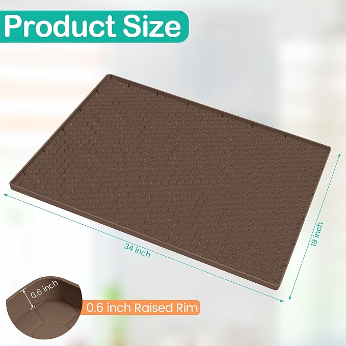 Silicone Under Sink Mat, 34"x19", Waterproof Cabinet Liner, Brown | Shelf Liner, Cabinet Protector, Home Organizer, for Kitchen, Bathroom, Multipurpose, Leak Proof, Easy Clean, Drip Tray, Clean