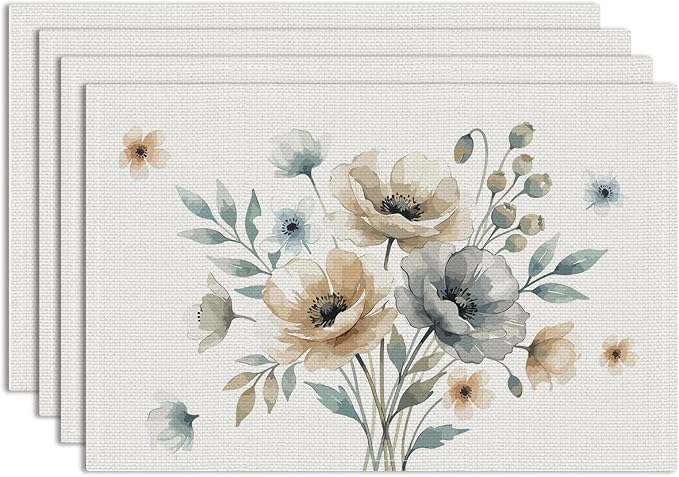 Neutral Poppy Floral Spring Placemats Set of 4, Boho Minimalist Decor | Wipeable Washable Non-Slip Heat Resistant Linen Fabric Rectangle Table Mats, for Indoor Outdoor Party Kitchen Dining