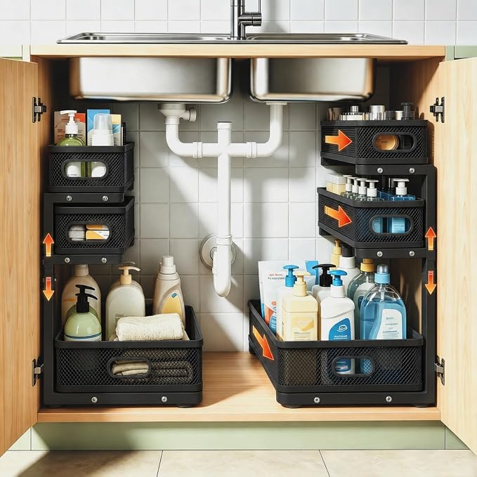 2 Pack 3 Tier Under Sink Organizer with Pull Out Drawer, Height Adjustable Heavy Duty Metal Under Cabinet Organizer, Smooth Sliding Storage Shelf for Kitchen, Bathroom Cabinet Organization, Black