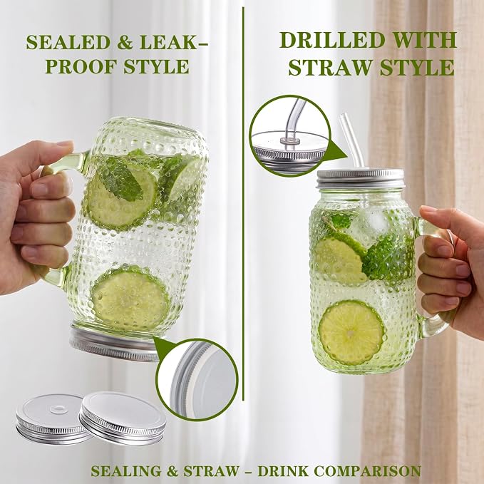 DaYammi 6 Pack 24oz Hobnail Mason Jars Cups Drinking Glass Cups with Lids & Straws, Green Wide Mouth Mason Jars Cups with Handle, Tumblers for Coffee Smoothies, Iced Tea, Juice, Beer, Cocktail