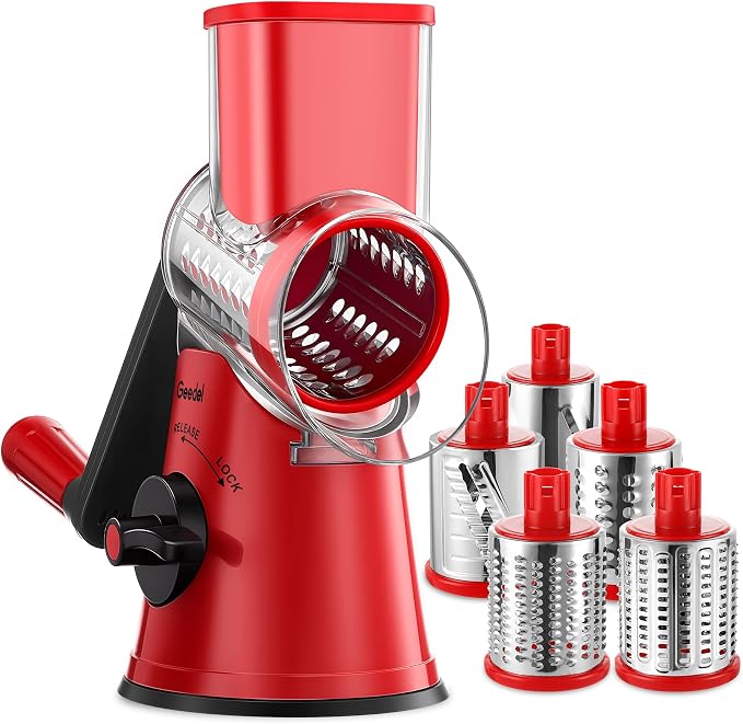 Geedel Upgraded Rotary Cheese Grater, 5 in 1 Cheese Shredder Veggie Slicer | Non-slip Suction Base, 430 Stainless Steel, No BPA, Dishwasher Safe, for Cheese Shredding, Wavy Slicing, Ice Shaving