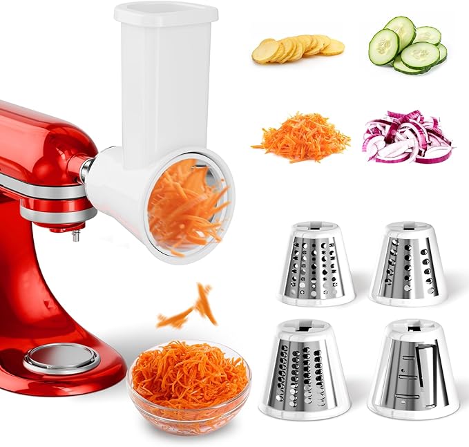 Slicer Shredder Attachment for KitchenAid Stand Mixer | Cheese Grater Attachment for Kitchenaid, Salad Maker, Grinding Powder, Dishwasher Safe with 4 Blades, White