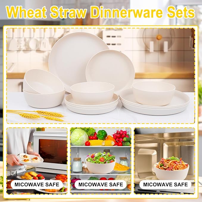 EjonirInjonir 12pcs Unbreakable Beige Wheat Straw Dinnerware Sets RV Dining | Includes Deep Reusable Plastic Plates Bowls Set,Premium Lightweight Dish Set Perfect for Camping Outdoor Parties Kids Home