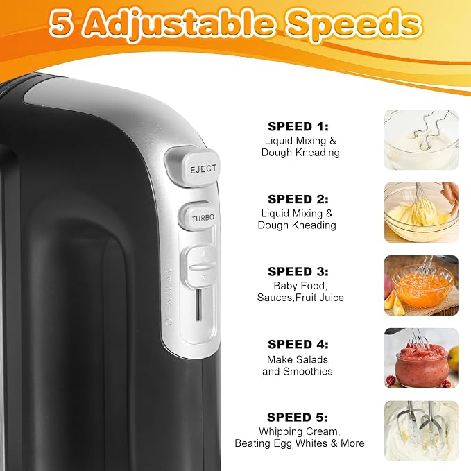 5-Speed 400W Electric Hand Mixer with Turbo – Powerful Handheld | Kitchen Mixer with 5 Stainless Steel Attachments for Dough, Cream, Batter, Eggs & Baking