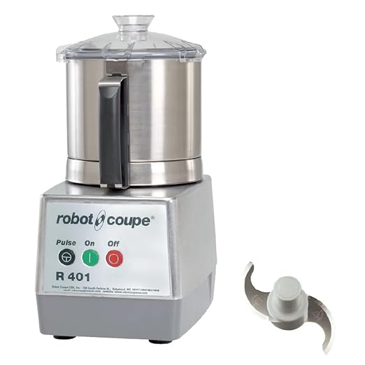 Robot Coupe R401B Commercial Food Processor, 1.5 HP, 4.5 Qt Stainless Bowl | Heavy-duty 1725 RPM single-speed chopper machine with smooth S-blade. 1119W, 120V power. Ideal for restaurant & caterer prep