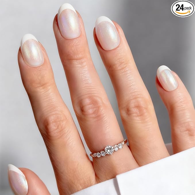 French Press On Nails,Chrome Pearl White Short Reusable Stick On Nails | Apply Protective UV coating, Salon Quality Nails in 12 Sizes - 24 Nail Kit with Glue