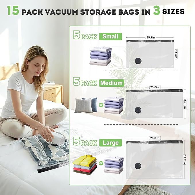 15 Pack Vacuum Seal Bags for Clothing Travel with -60000Pa USB Pump, Save 80% of Space for Clothes (15 Combo Size)