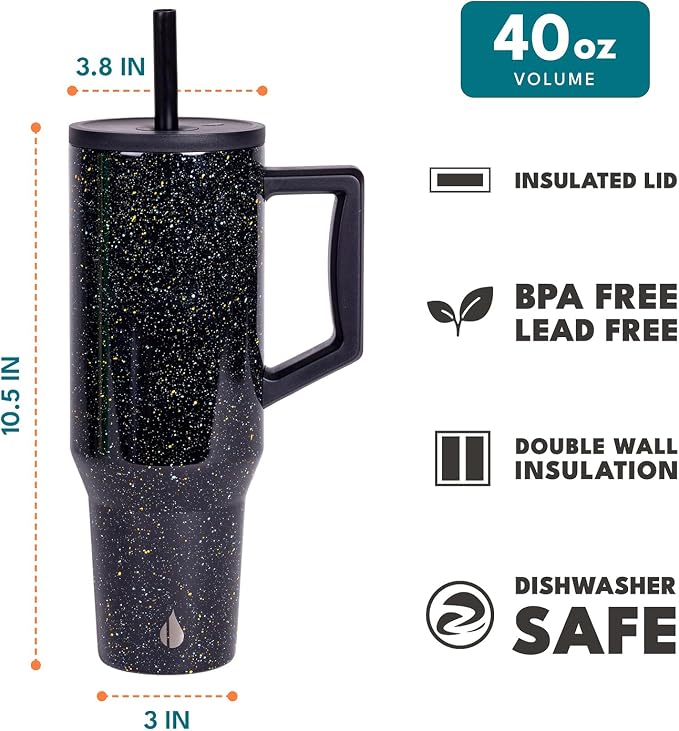 Elemental Spill Proof 40oz Insulated Tumbler with Handle & Straw Travel Mug | Stainless Steel Commuter Travel Coffee Mug for Cold Beverages, Includes 2 Straws & a Spill Proof Lid for Everyday Use