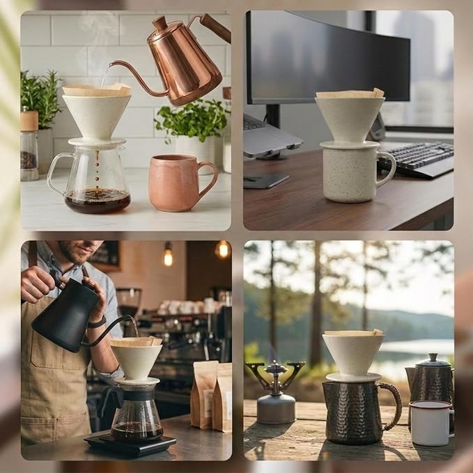 DIF DECO Ceramic Pour Over Coffee Dripper, Reusable Porcelain Portable Pour Over Coffee Maker, Slow Brewing Accessories with 1 Holes for Home, Office, Travel, Camping (Sesame Cream)